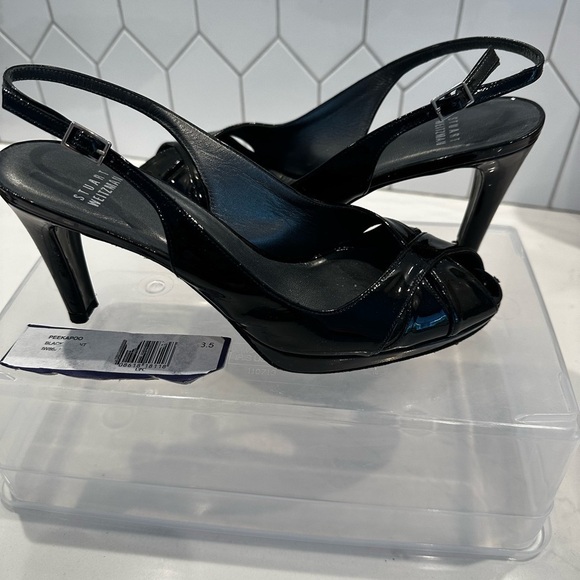 Stuart Weitzman Peekapoo Black Patent 3” Heels Sling back and peekaboo toe. - Picture 4 of 9